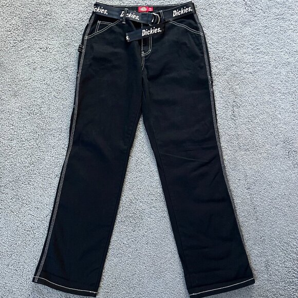 DICKIES BLACK RELAXED FIT CARPENTER PANTS - WITH LOGO BELT - EUC - JUNIOR 7 / 28 - Picture 1 of 12